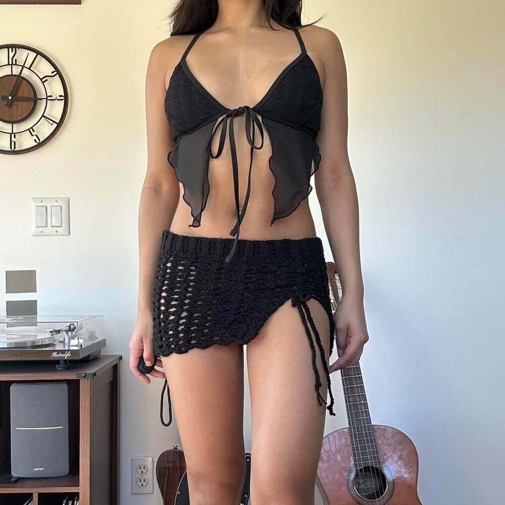 Handmade Black Crochet Ultra Mini Skirt with Adjustable Side Slit - XS/S